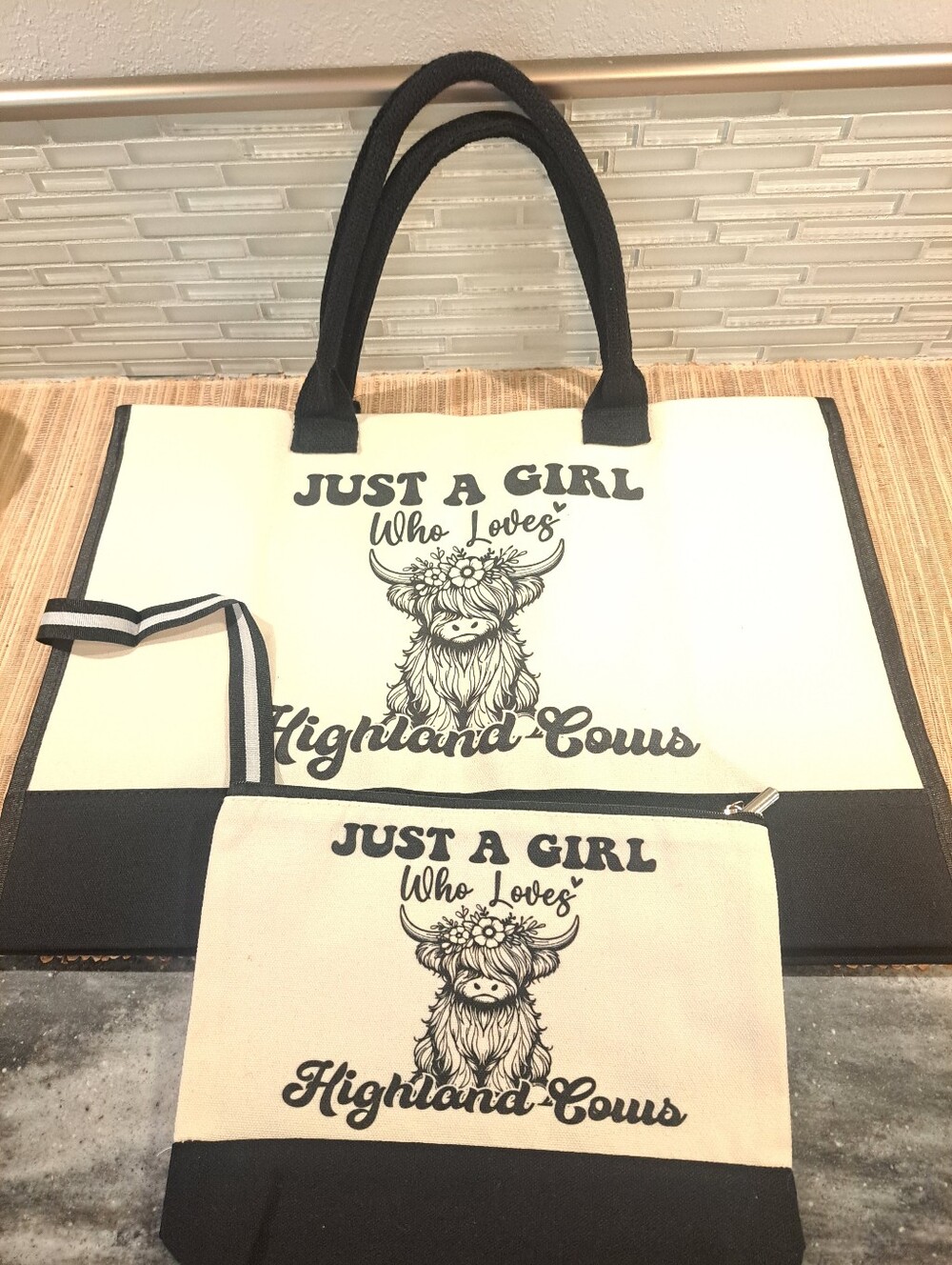 "JUST A GIRL Who Loves Highland Cows. Tote And Smaller Zip Pouch NEW
